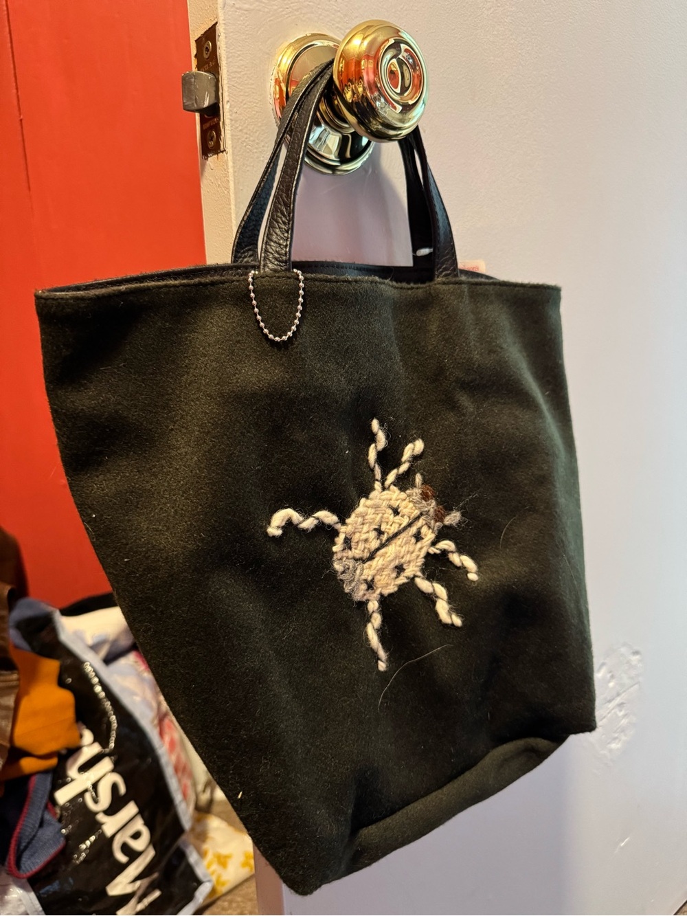 Black Embroidered Canvas Tote with Leather Handles